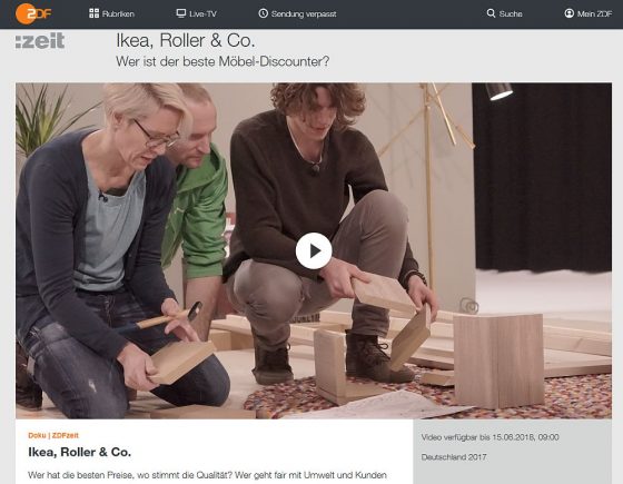 Das ZDF sendet regelmäßig Test-Dokumentationen. Dieses Mal sind die Möbelhäuser an der Reihe. Wir haben uns den Beitrag kritisch angesehen. (Foto: Screenshot aus der ZDF-Mediathek)